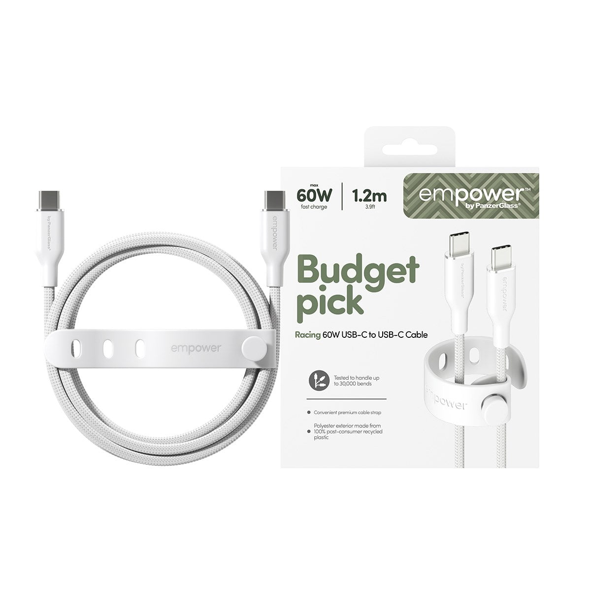 empower by PanzerGlass® Racing 60W USB-C to USB-C Kabel | USB 2.0 | 1.2M | Silver White
